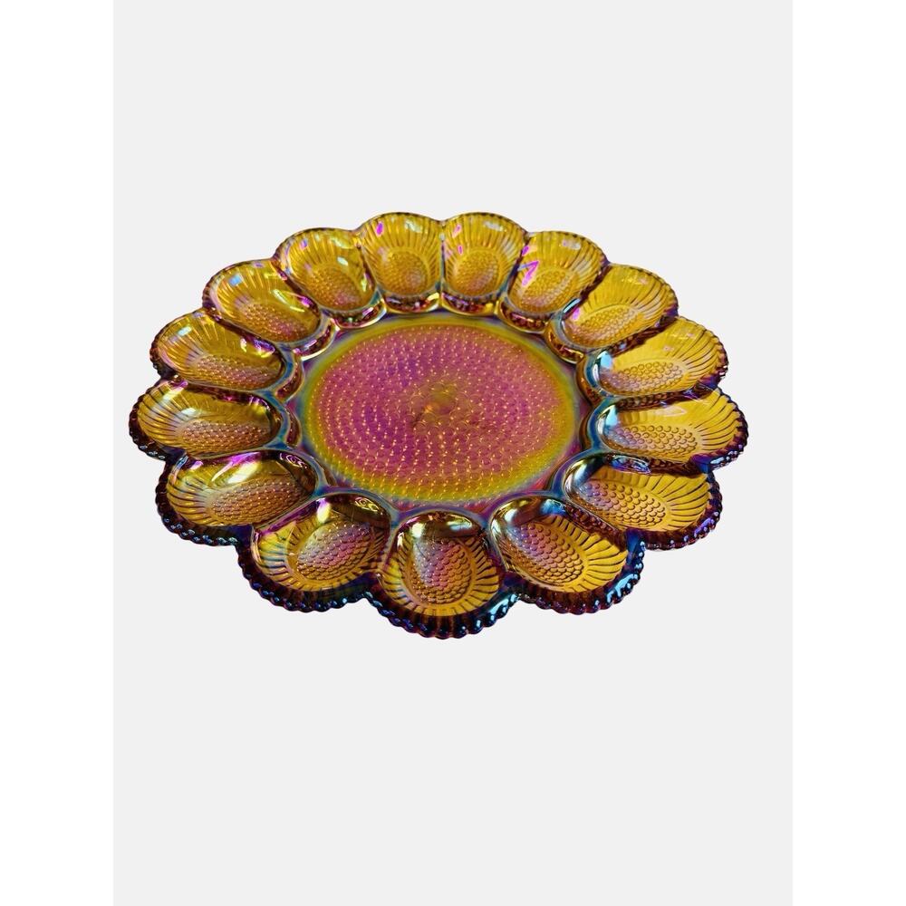 VTG Indiana Glass Iridescent Gold Hobnail Carnival Glass Deviled Egg Tray 11.25”